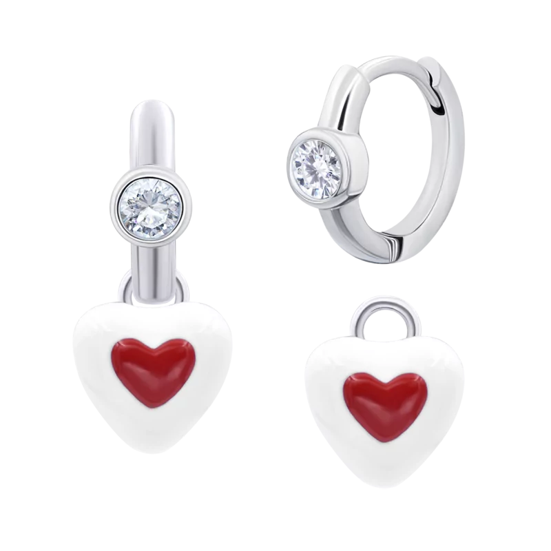 Сережки з підвісами Серце в серці з білими фіанітами фото