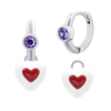 Сережки з підвісами Серце в серці з біло-червоною емаллю та фіолетовими фіанітами фото №1