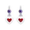 Сережки з підвісами Серце в серці з біло-червоною емаллю та фіолетовими фіанітами фото №3