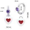 Сережки з підвісами Серце в серці з біло-червоною емаллю та фіолетовими фіанітами фото №2