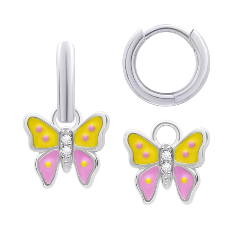 Сережки з підвісами Метелик з кристалами з кольоровою емаллю та фіанітами фото