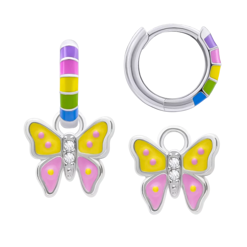 Сережки веселкові з підвісами Метелик з кристалами з кольоровою емаллю та фіанітами фото