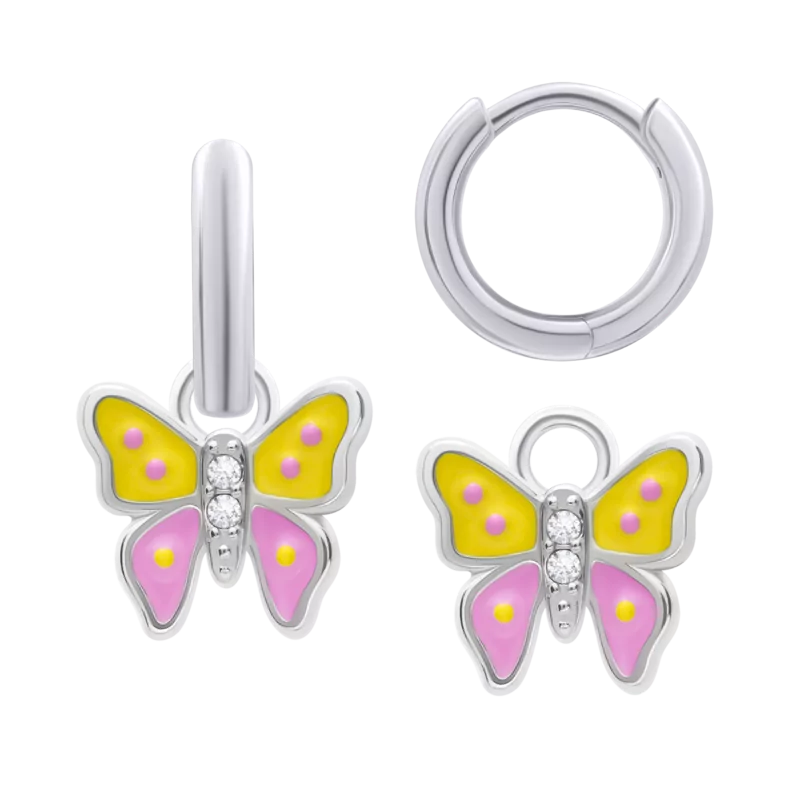 Сережки з підвісами Метелик з кристалами з кольоровою емаллю та фіанітами, d 12 mm фото