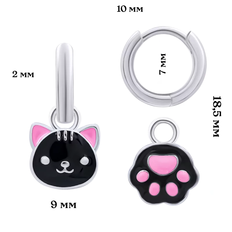 Сережки з підвісами Котик з лапкою із чорною й рожевою емаллю фото
