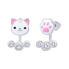 Сережки-джекети Котик з лапкою із білою, рожевою емаллю та фіанітами фото №1