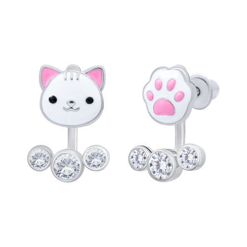 Серьги-джекеты Котик с лапкой с белой, розовой эмалью и фианитами фото