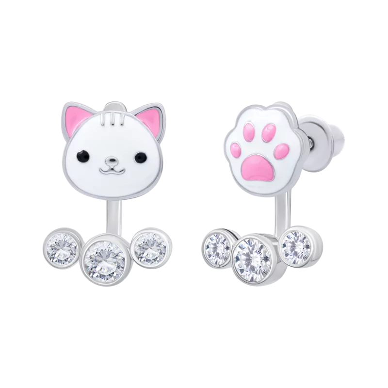 Jacket earrings Cat with a Paw with white enamel and Cubic Zirconia photo