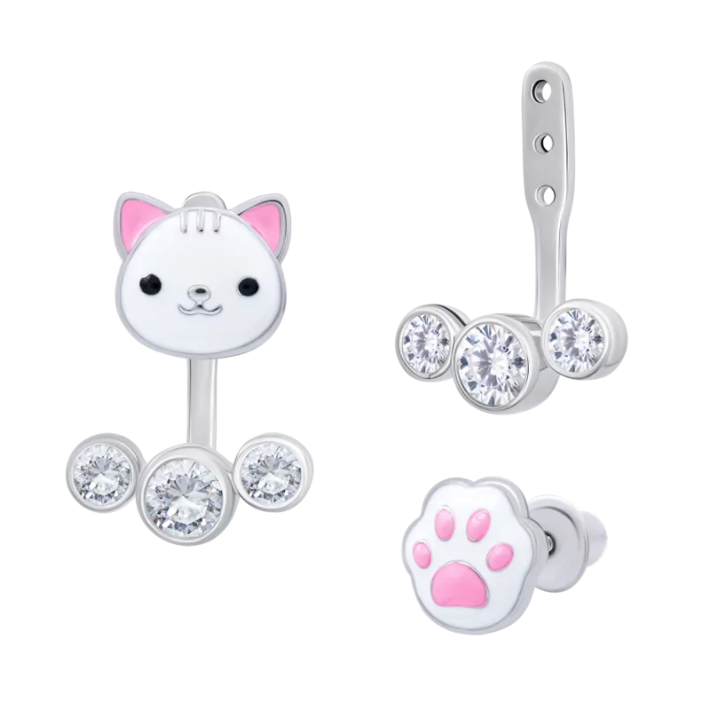 Jacket earrings Cat with a Paw with white enamel and Cubic Zirconia photo