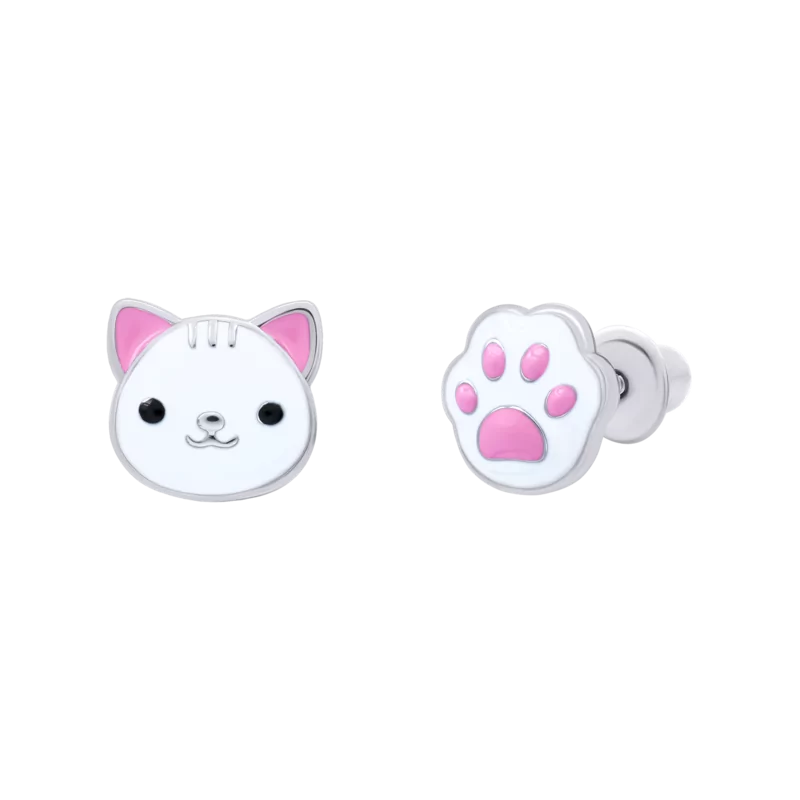 Jacket earrings Cat with a Paw with white enamel and Cubic Zirconia photo