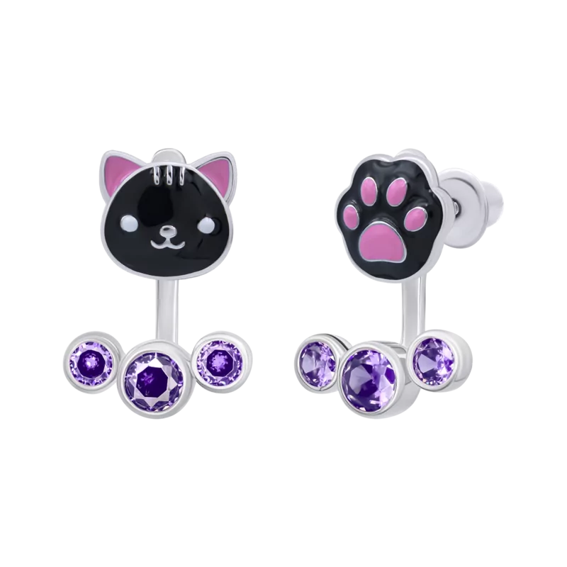 Сережки-джекети Котик з лапкою із чорною емаллю та фіанітами фото