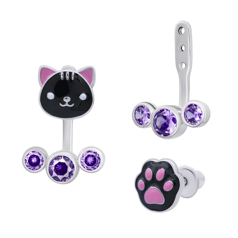 Сережки-джекети Котик з лапкою із чорною емаллю та фіанітами фото
