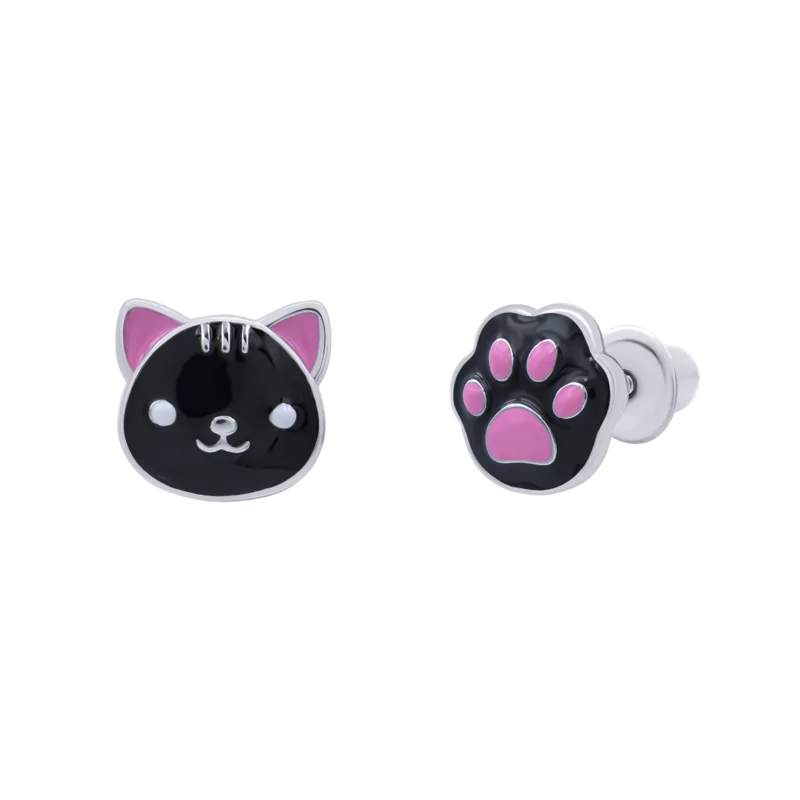 Сережки-джекети Котик з лапкою із чорною емаллю та фіанітами фото