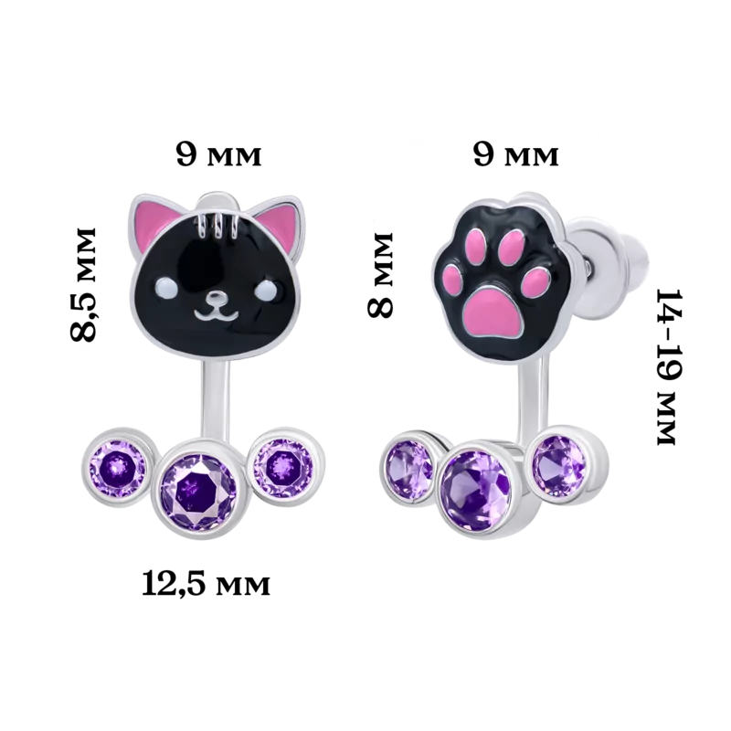 Сережки-джекети Котик з лапкою із чорною емаллю та фіанітами фото