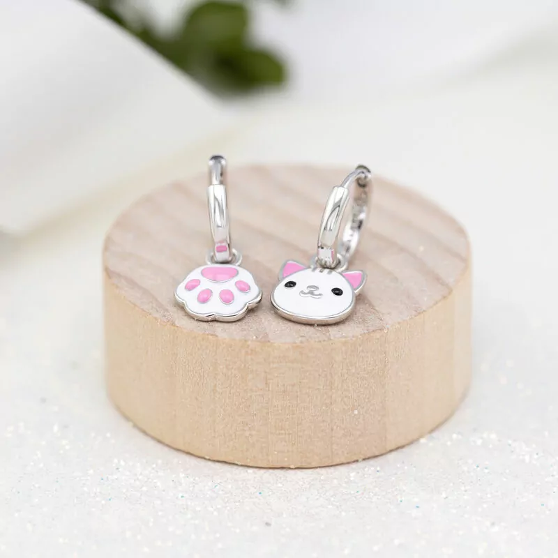 Earrings with pendants White Cat with a Paw, d 12 mm photo
