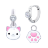 Сережки з підвісами Котик з лапкою з білою, рожевою емаллю та фіанітами фото №1