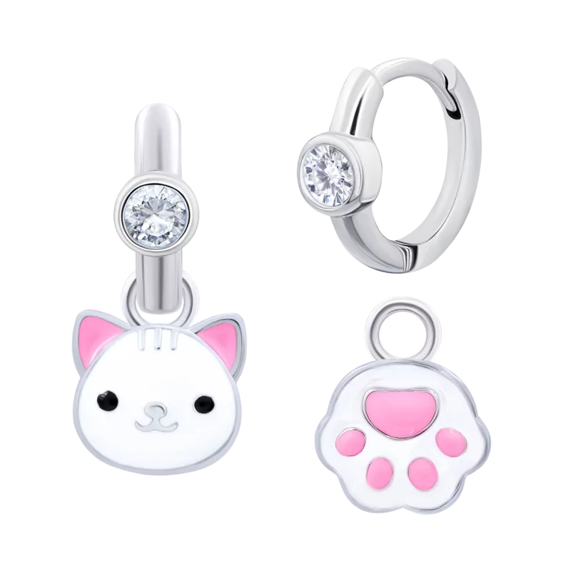 Сережки з підвісами Котик з лапкою з білою, рожевою емаллю та фіанітами фото