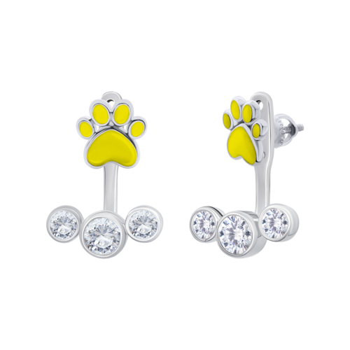 Серьги-джекеты Лапка с желтой эмалью и фианитами фото