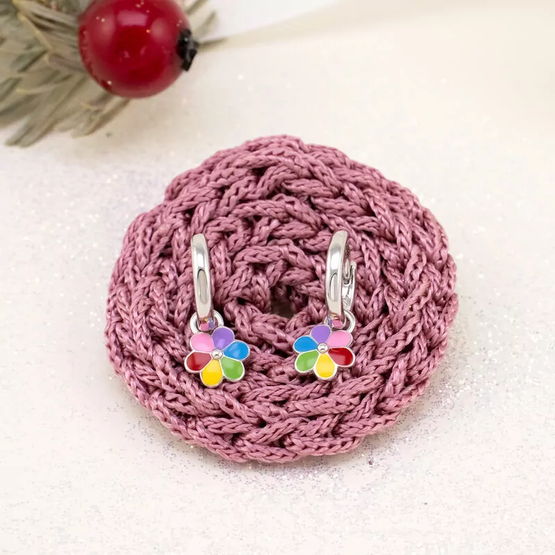 Сережки з підвісами Ромашка кольорова з різнобарвною емаллю, d 12 мм фото