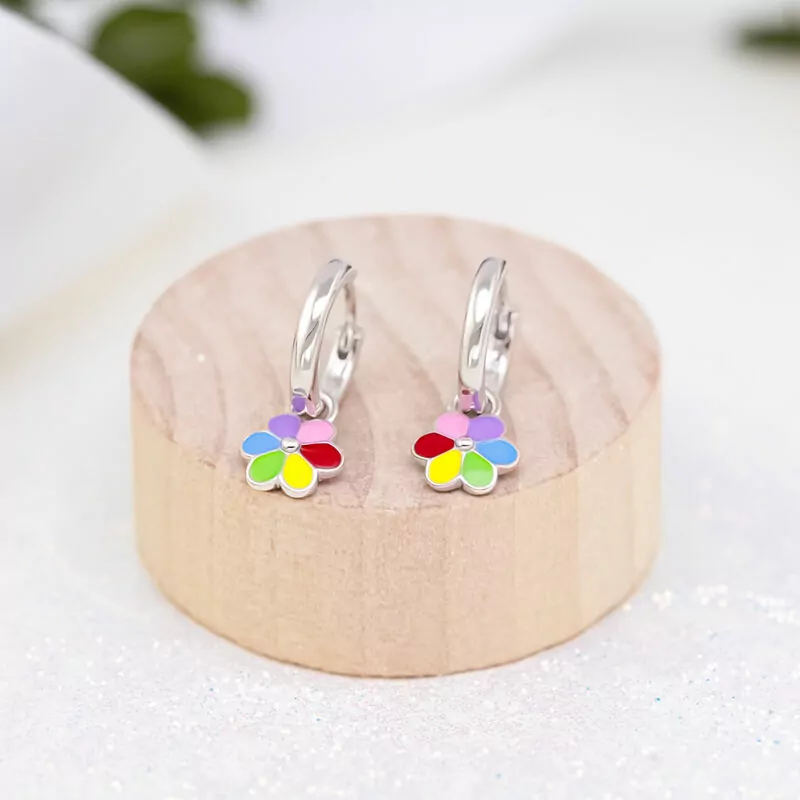 Сережки з підвісами Ромашка кольорова з різнобарвною емаллю, d 12 мм фото