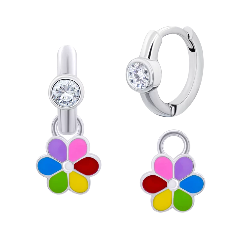 Сережки з підвісами Ромашка кольорова з різнобарвною емаллю і білими фіанітами фото