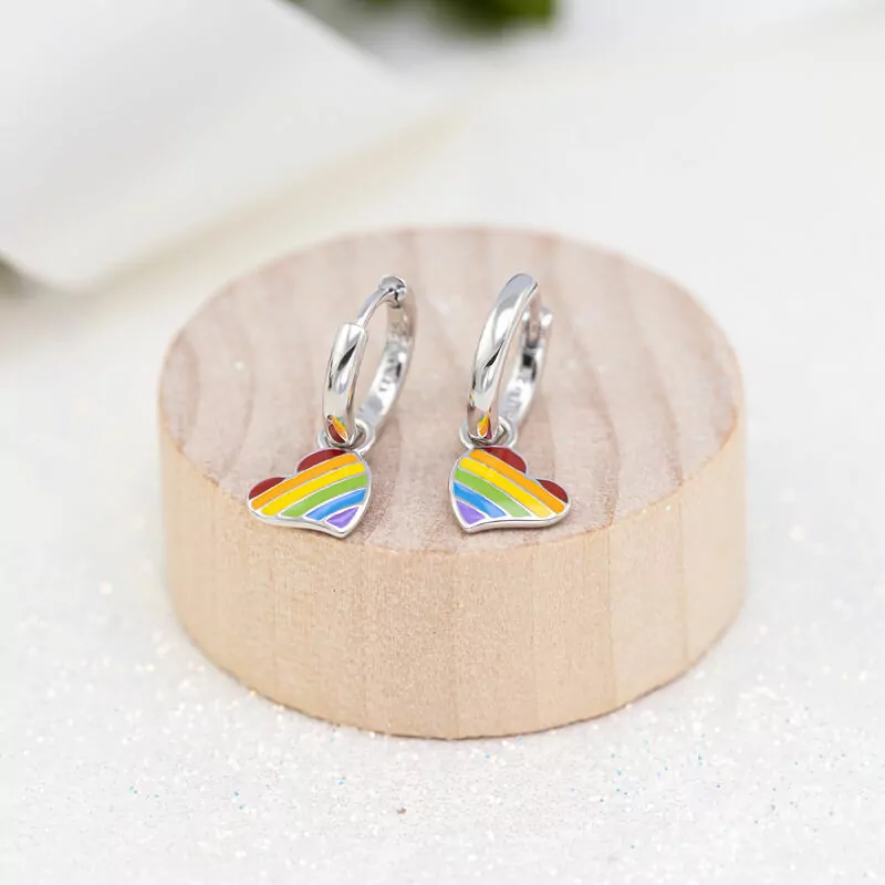 Сережки з підвісами Серце кольорове з різнобарвною емаллю, d 12 мм фото