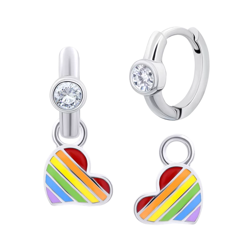 Сережки з підвісами Серце кольорове з різнобарвною емаллю і білими фіанітами фото