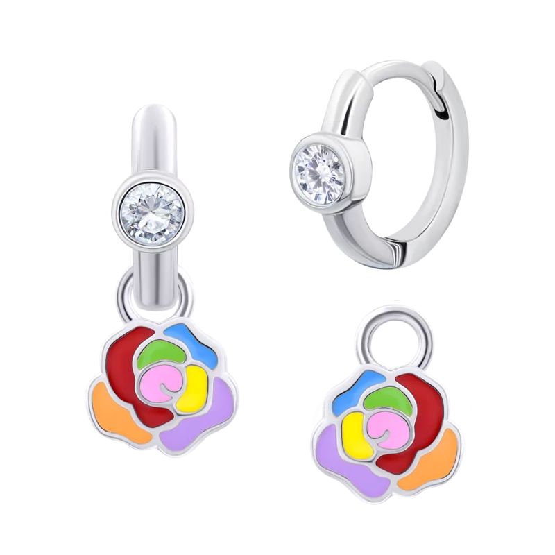 Сережки з підвісами Троянда кольорова з білими фіанітами фото