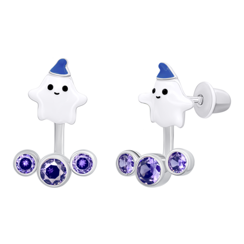 Сережки-джекеты BOO привидение с эмалью и фиолетовыми фианитами фото