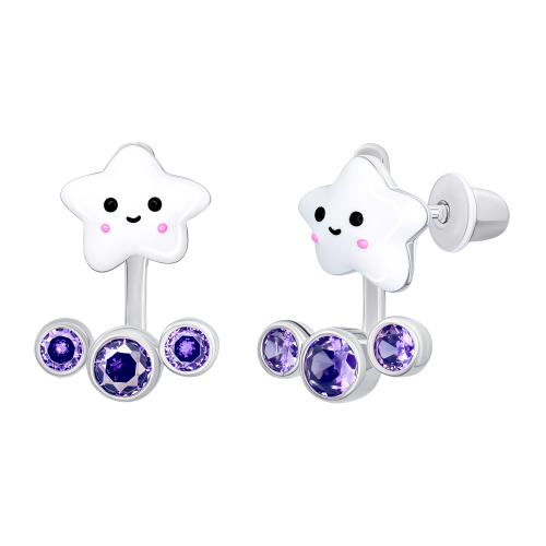Сережки-джекети Umi зірка з білою емаллю та фіолетовими фіанітами фото