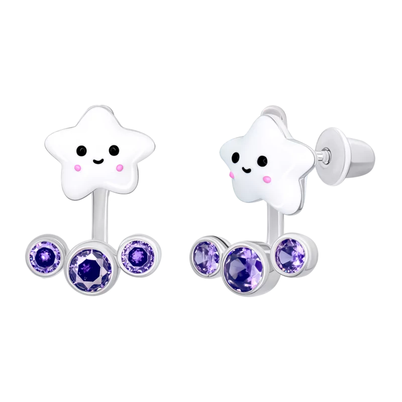 Сережки-джекети Umi зірка з білою емаллю та фіолетовими фіанітами фото
