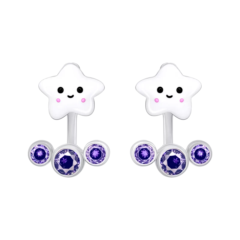 Сережки-джекети Umi зірка з білою емаллю та фіолетовими фіанітами фото