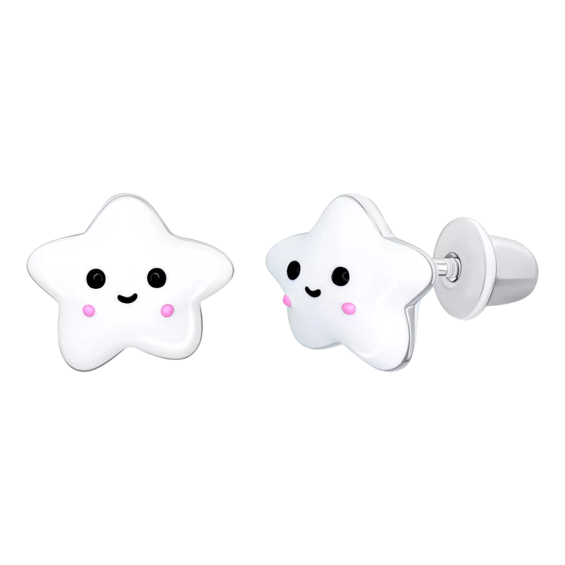 Сережки-джекети Umi зірка з білою емаллю та фіолетовими фіанітами фото