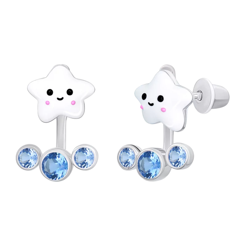 Сережки-джекети Umi зірка з білою емаллю та блакитними фіанітами фото