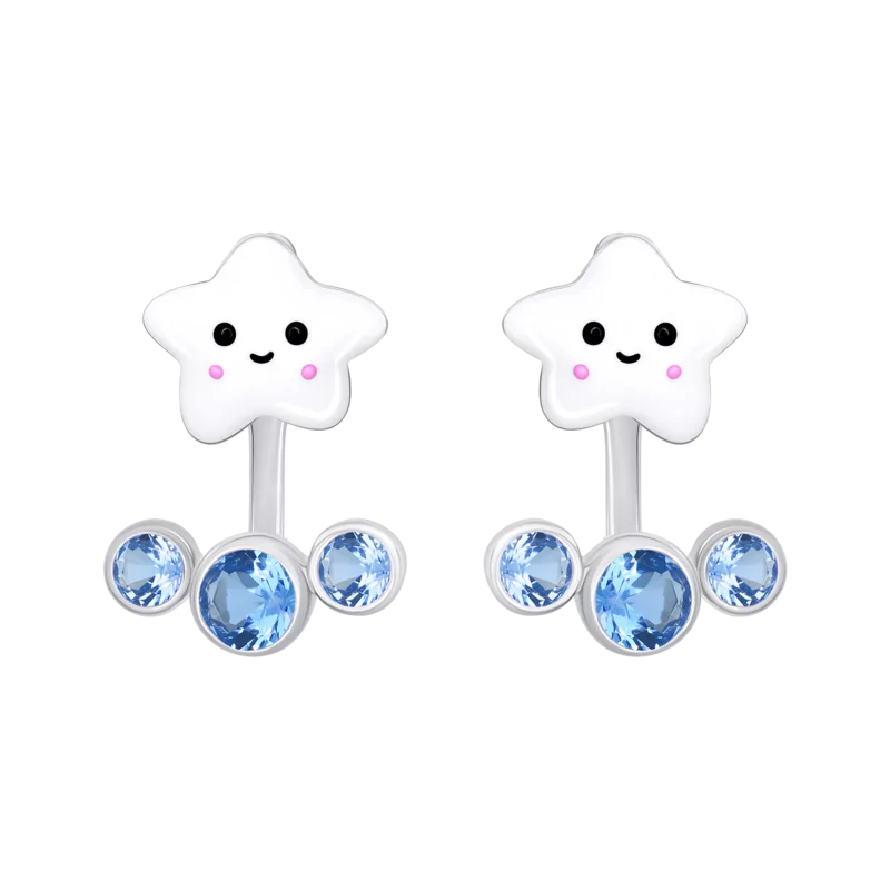 Сережки-джекети Umi зірка з білою емаллю та блакитними фіанітами фото