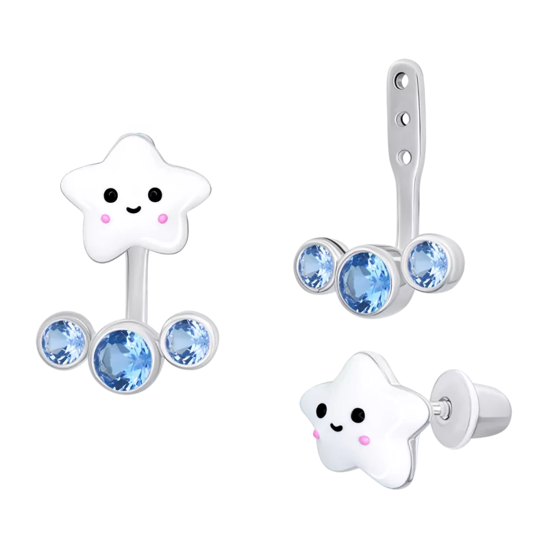 Сережки-джекети Umi зірка з білою емаллю та блакитними фіанітами фото