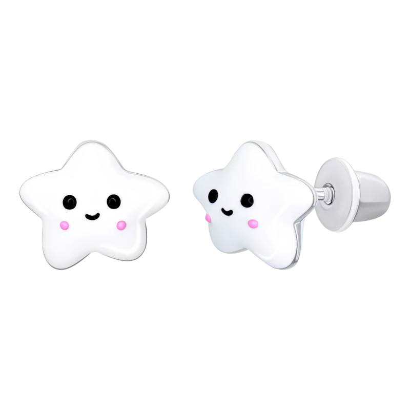 Сережки-джекети Umi зірка з білою емаллю та блакитними фіанітами фото