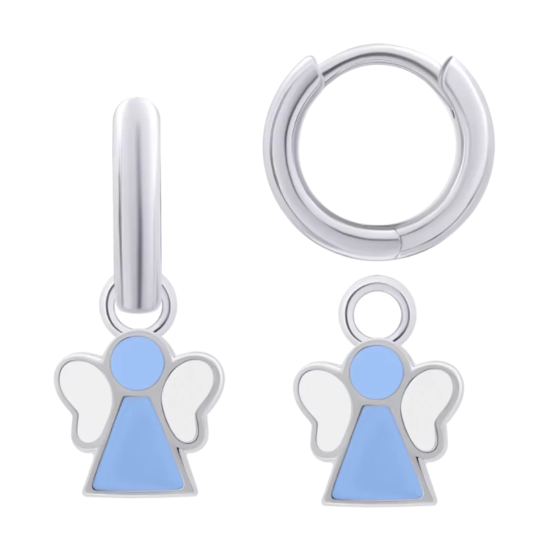 Сережки з підвісами Янголятко з блакитною та білою емаллю фото