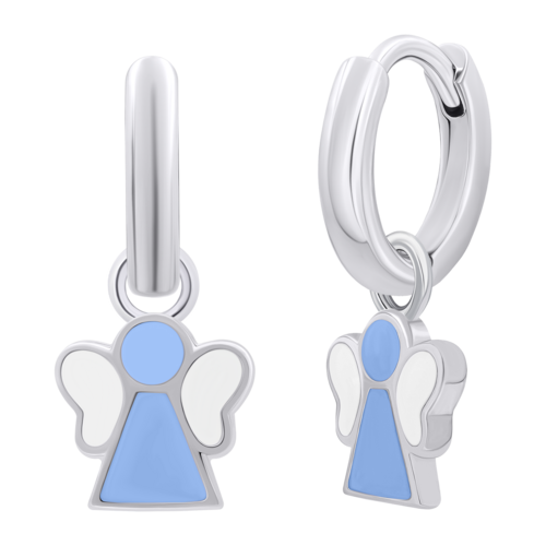 Сережки с подвесками Ангелочек с голубой и белой эмалью, d 12 мм фото