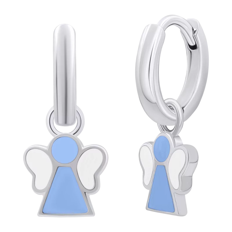 Сережки з підвісами Янголятко з блакитною та білою емаллю фото