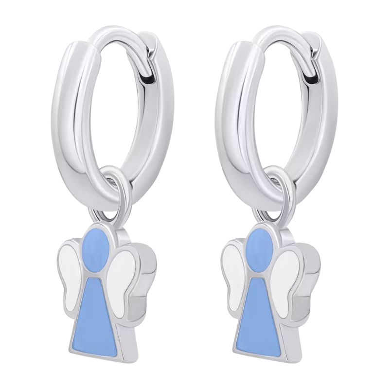 Сережки з підвісами Янголятко з блакитною та білою емаллю фото