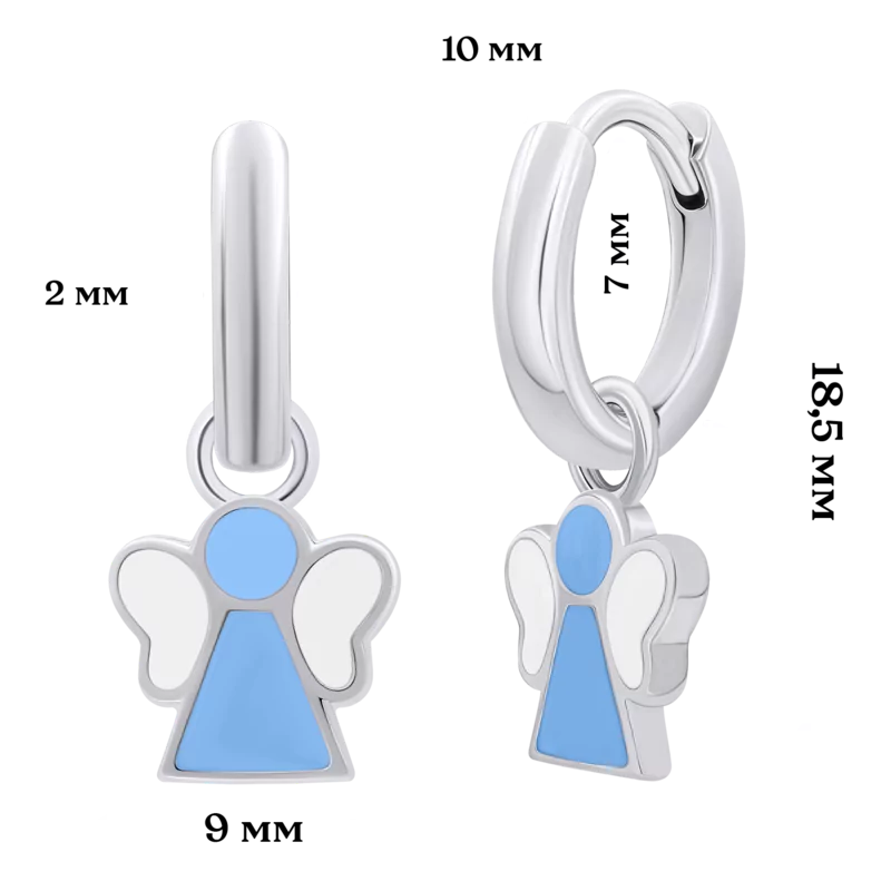 Сережки з підвісами Янголятко з блакитною та білою емаллю фото