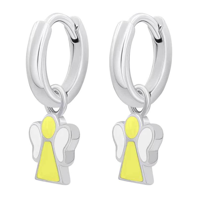 Сережки з підвісами Янголятко з жовтою та білою емаллю фото