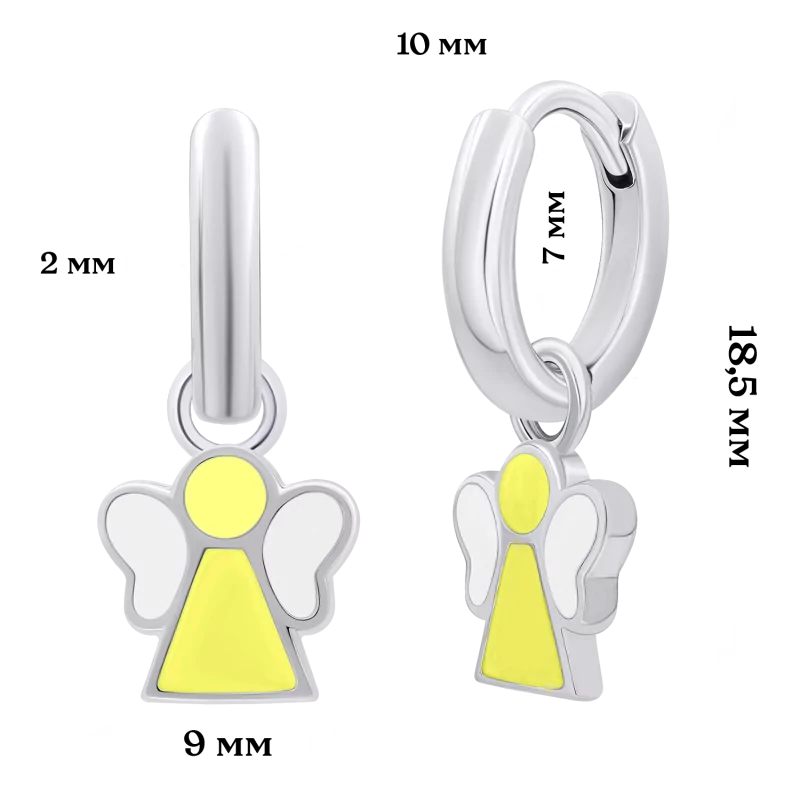 Сережки з підвісами Янголятко з жовтою та білою емаллю фото