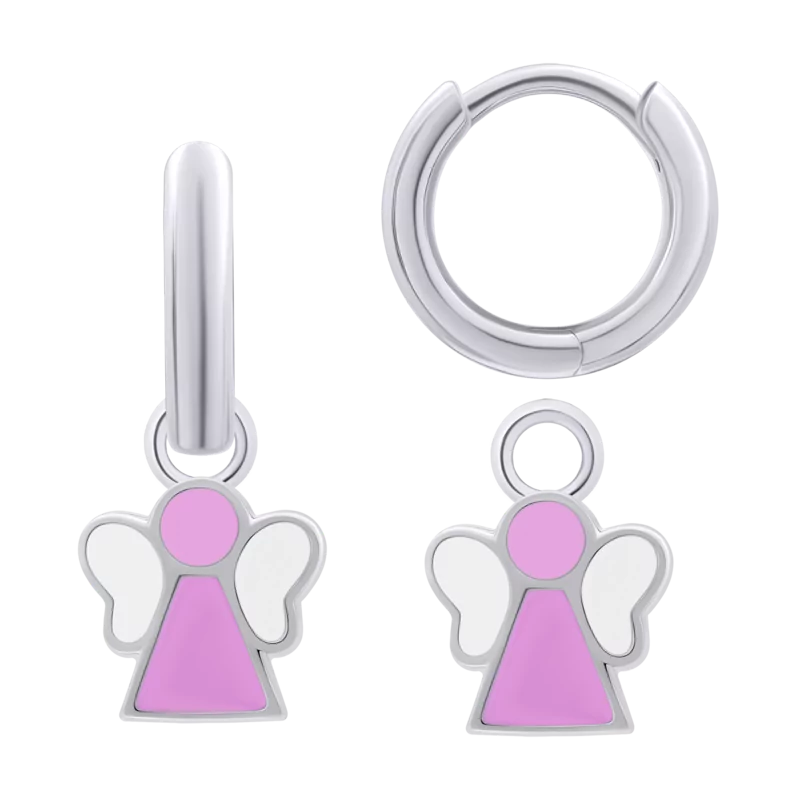 Сережки з підвісами Янголятко з рожевою та білою емаллю фото