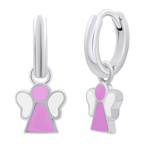 Сережки с подвесками Ангелочек с розовой и белой эмалью, d 12 мм фото