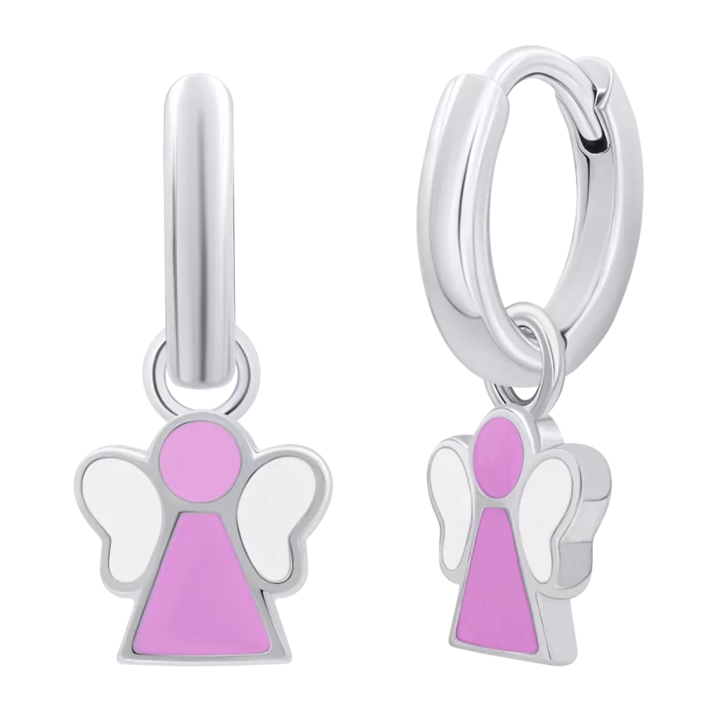 Сережки з підвісами Янголятко з рожевою та білою емаллю фото