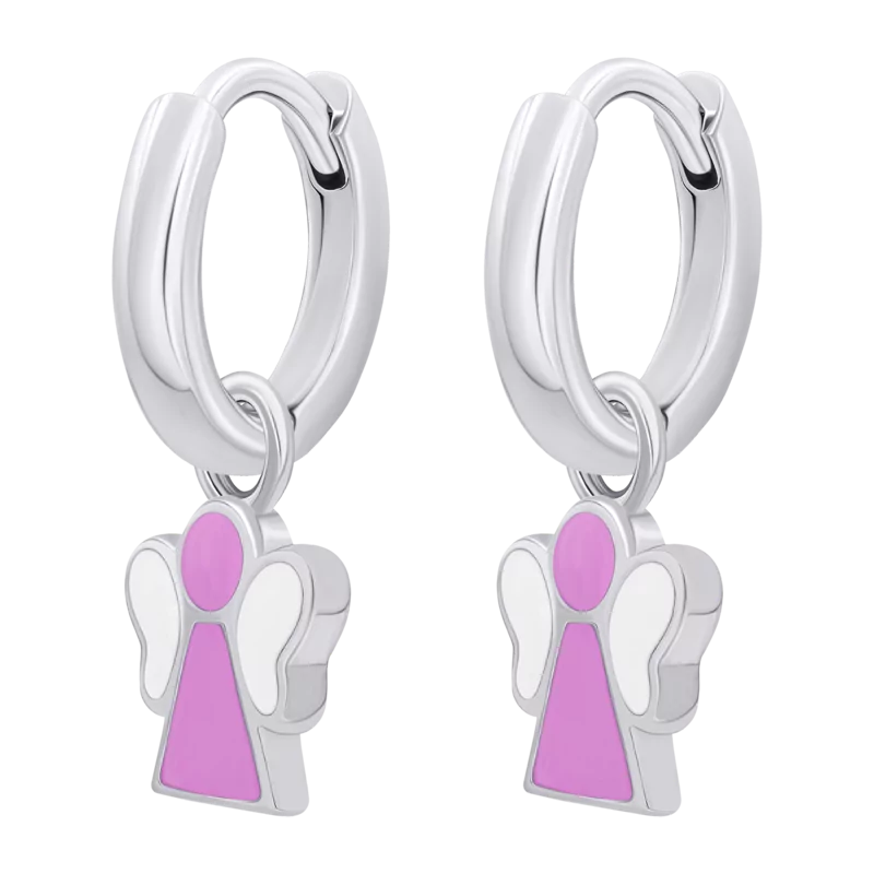 Earrings with pendants Angel with pink and white enamel, d 12 mm photo