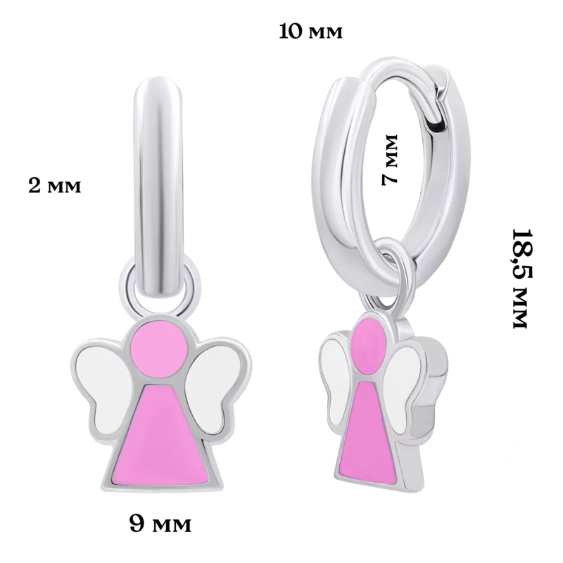 Сережки з підвісами Янголятко з рожевою та білою емаллю фото