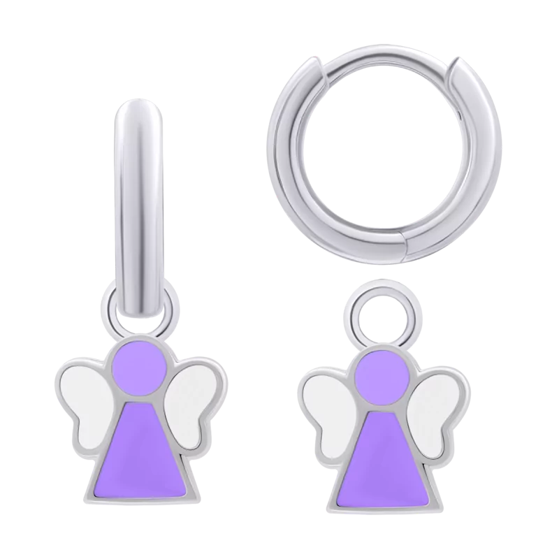 Сережки з підвісами Янголятко з фіолетовою та білою емаллю фото