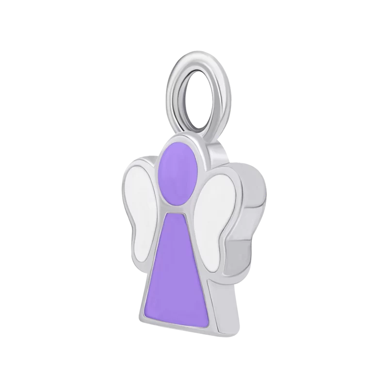 Сережки з підвісами Янголятко з фіолетовою та білою емаллю фото